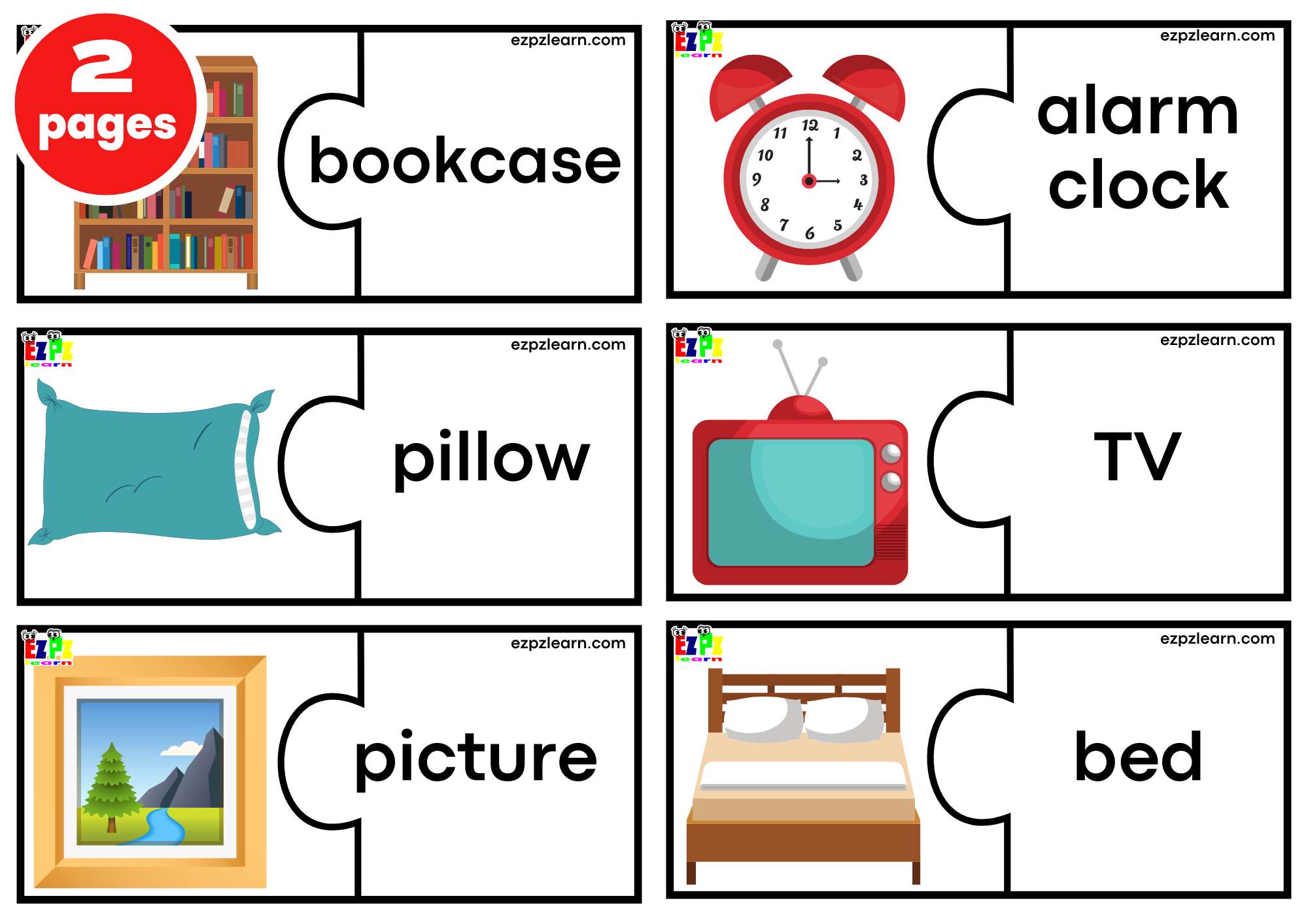 Bedroom Puzzle Match Game. 6 Words per page. Free PDF Download
